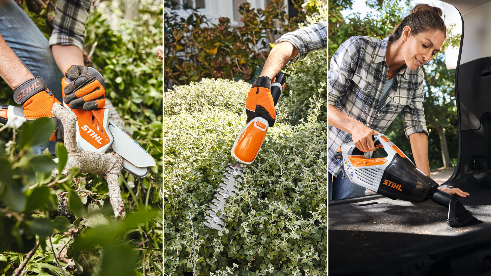 STIHL AS-System power tools: GTA 26 cordless garden pruner, HSA 26 cordless shears, and SEA 20 cordless handheld vacuum