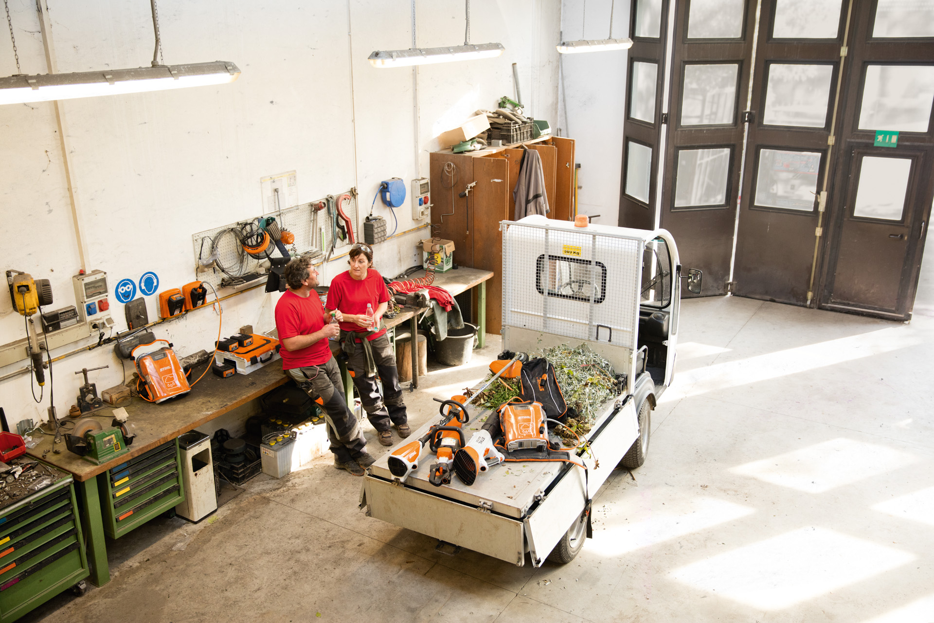 STIHL cordless products on a flatbed truck.